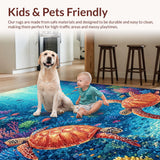Ultra Soft Area Rug, Non Slip, Stain Resistant, Washable Area Rugs for Living Room, Bedroom, Marine Life Wonder Rug Featuring Aquatic Turtles Navigating Colorful Reefs(Blue)