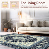Ultra Soft Area Rug, Non Slip, Stain Resistant, Washable Area Rugs for Living Room, Bedroom, Timeless Tapestry Area Classic Vintage Charm with Dark Blue & Beige Hues(Blue)