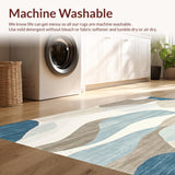 Modern Wavy Abstract Area Featuring Beige Cream and Muted Blue Swirls(Beige)