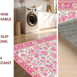 Ultra Soft Area Rug, Non Slip, Stain Resistant, Washable Area Rugs for Living Room, Bedroom, Whimsical Pink & Green Floral Fusion(White)