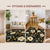 Ultra Soft Area Rug, Non Slip, Stain Resistant, Washable Area Rugs for Living Room, Bedroom, Chic Low Pile Floral Motif(Black)