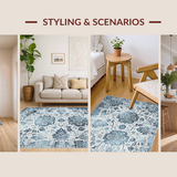 Ultra Soft Area Rug, Non Slip, Stain Resistant, Washable Area Rugs for Living Room, Bedroom, Serene Monochromatic Floral Elements(Blue)