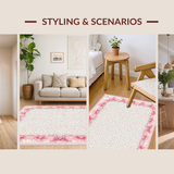Ultra Soft Area Rug, Non Slip, Stain Resistant, Washable Area Rugs for Living Room, Bedroom, Scalloped Ribbon Bow Rug Coquette Preppy Accent with Wavy Border Design(Pink)