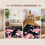 Ultra Soft Area Rug, Non Slip, Stain Resistant, Washable Area Rugs for Living Room, Bedroom, Luxurious Colorful Cherry Petals Design(Black)
