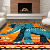 Ultra Soft Area Rug, Non Slip, Stain Resistant, Washable Area Rugs for Living Room, Bedroom, Artful Elephant Motif in Blue(Orange)
