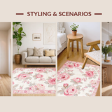 Ultra Soft Area Rug, Non Slip, Stain Resistant, Washable Area Rugs for Living Room, Bedroom, Elegant Country Rose Motif(White)