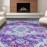Ultra Soft Area Rug, Non Slip, Stain Resistant, Washable Area Rugs for Living Room, Bedroom, Rustic Light Blue Floral Motif(Purple)