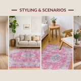 Ultra Soft Area Rug, Non Slip, Stain Resistant, Washable Area Rugs for Living Room, Bedroom, Contemporary Geometric Floral Aesthetic(Pink)