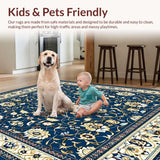 Ultra Soft Area Rug, Non Slip, Stain Resistant, Washable Area Rugs for Living Room, Bedroom, Charming Floral Area with Deep Blue and Beige Motifs(Blue)