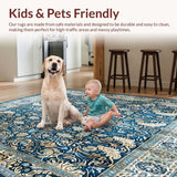 Ultra Soft Area Rug, Non Slip, Stain Resistant, Washable Area Rugs for Living Room, Bedroom, Retro Ornamental Area Showcasing Faded Blue and Taupe Decorative Filigree(Blue)