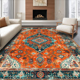 Ultra Soft Area Rug, Non Slip, Stain Resistant, Washable Area Rugs for Living Room, Bedroom, Elegant Distressed Round Geometric Design(Orange)