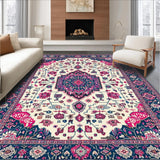Ultra Soft Area Rug, Non Slip, Stain Resistant, Washable Area Rugs for Living Room, Bedroom, Elegant Cream and Blue Trellis Design(White)