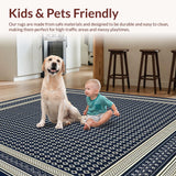 Ultra Soft Area Rug, Non Slip, Stain Resistant, Washable Area Rugs for Living Room, Bedroom, Garden Path Runner Navy and Beige Trellis with Subtle Border(Blue)
