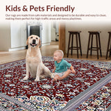 Ultra Soft Area Rug, Non Slip, Stain Resistant, Washable Area Rugs for Living Room, Bedroom, Ornate Floral Medallion Area with Deep Maroon and Silver Accents(Red)