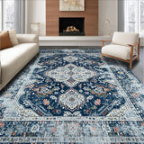 Ultra Soft Area Rug, Non Slip, Stain Resistant, Washable Area Rugs for Living Room, Bedroom, Serene Monochrome Medallion Theme(Blue)