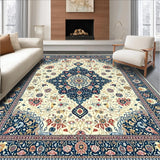 Ultra Soft Area Rug, Non Slip, Stain Resistant, Washable Area Rugs for Living Room, Bedroom, Vintage Boho Bathroom with Beige and Blue Floral Accents(Beige)