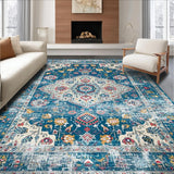 Ultra Soft Area Rug, Non Slip, Stain Resistant, Washable Area Rugs for Living Room, Bedroom, Elegant Retro Floral Composition(Blue)