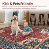 Ultra Soft Area Rug, Non Slip, Stain Resistant, Washable Area Rugs for Living Room, Bedroom, Rustic Floral Medallion Motif(Red)
