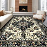 Ultra Soft Area Rug, Non Slip, Stain Resistant, Washable Area Rugs for Living Room, Bedroom, Vintage Inspired Boho Area with Ornate Black and Beige Medallion Motifs(White)