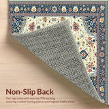 Ultra Soft Area Rug, Non Slip, Stain Resistant, Washable Area Rugs for Living Room, Bedroom, Vintage Boho Bathroom with Beige and Blue Floral Accents(Beige)