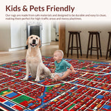 Ultra Soft Area Rug, Non Slip, Stain Resistant, Washable Area Rugs for Living Room, Bedroom, Colorful Town Life Educational Design(Red)