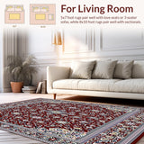 Ultra Soft Area Rug, Non Slip, Stain Resistant, Washable Area Rugs for Living Room, Bedroom, Ornate Floral Medallion Area with Deep Maroon and Silver Accents(Red)
