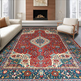 Ultra Soft Area Rug, Non Slip, Stain Resistant, Washable Area Rugs for Living Room, Bedroom, Rustic Floral Medallion Motif(Red)