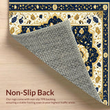 Ultra Soft Area Rug, Non Slip, Stain Resistant, Washable Area Rugs for Living Room, Bedroom, Exquisite Beige Area Featuring Abstract Floral Motifs in Navy Gold(Blue)