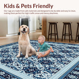 Ultra Soft Area Rug, Non Slip, Stain Resistant, Washable Area Rugs for Living Room, Bedroom, Stylish Woven Area with Geometric and Silver Floral Motifs(Blue)