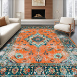 Ultra Soft Area Rug, Non Slip, Stain Resistant, Washable Area Rugs for Living Room, Bedroom, Eclectic Teal Medallion Fusion(Orange)