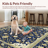 Ultra Soft Area Rug, Non Slip, Stain Resistant, Washable Area Rugs for Living Room, Bedroom, Chateau Collection Grandeur Medallion Regal Blue Tan Classic Motif(Blue)