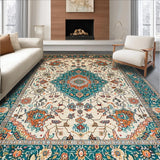 Ultra Soft Area Rug, Non Slip, Stain Resistant, Washable Area Rugs for Living Room, Bedroom, Rustic Soft Teal Paisley Motif(Ivory)