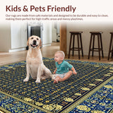 Ultra Soft Area Rug, Non Slip, Stain Resistant, Washable Area Rugs for Living Room, Bedroom, Elegant Geometric Area Featuring Blue and Gold Floral(Blue)