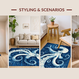 Ultra Soft Area Rug, Non Slip, Stain Resistant, Washable Area Rugs for Living Room, Bedroom, Nautical Octopus Carpet: Indigo Ink Octopus Print, Non-Slip Floor Decor(Blue)