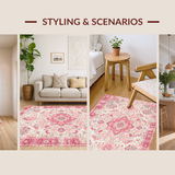 Ultra Soft Area Rug, Non Slip, Stain Resistant, Washable Area Rugs for Living Room, Bedroom, Stylish Boho Tiled Blossom Design(Ivory)