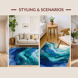 Ultra Soft Area Rug, Non Slip, Stain Resistant, Washable Area Rugs for Living Room, Bedroom, Nautical Wave Flow Rug with Abstract Ocean Patterns and Shell Embellishments(Blue)