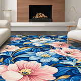 Ultra Soft Area Rug, Non Slip, Stain Resistant, Washable Area Rugs for Living Room, Bedroom, Luxurious Gold Accented Floral Style(Blue)