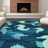 Ultra Soft Area Rug, Non Slip, Stain Resistant, Washable Area Rugs for Living Room, Bedroom, Elegant Coastal Seahorse Carpet with Blue Gradient and Symmetrical Wave Patterns(Blue)