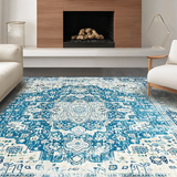 Ultra Soft Area Rug, Non Slip, Stain Resistant, Washable Area Rugs for Living Room, Bedroom, Chic Distressed Teal Geometric Motif(Blue)
