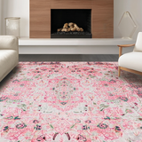 Ultra Soft Area Rug, Non Slip, Stain Resistant, Washable Area Rugs for Living Room, Bedroom, Faded Floral Vintage Elegance(Pink)