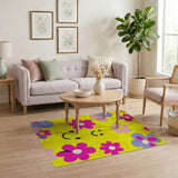Playful Yellow Smiley Faces Colorful Flowers Area Rug
