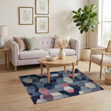 Modern Geometric Navy Blue Pink Hexagon Area Rug