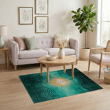 Teal Sunburst Over Coastal Waves Area Rug