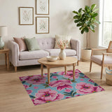 Vintage Pink Peony Floral Teal Area Rug