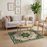 Ornate Green Gold Medallion Persian Rug