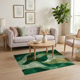 Washable Emerald Green and Gold Abstract Wavy Area Rug, Low Pile Non-Slip