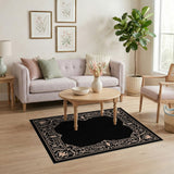 Ornate Floral Border Black Area Rug