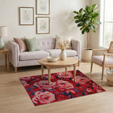 Pink Roses on Red Floral Vintage Area Rug