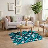 Teal Blue Crosshatch Geometric Area Rug