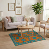 Vibrant Orange Teal Star Medallion Rug